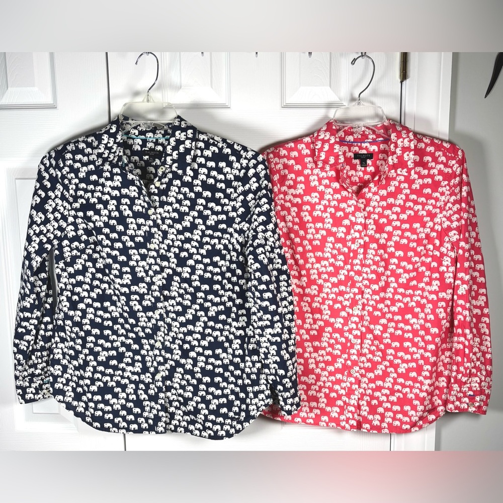 2 -Talbots Elephant Novelty Print Navy Blue Coral Button Down 100% Cotton Medium